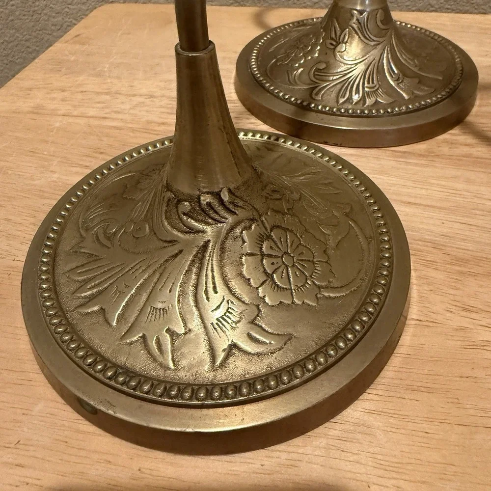 Set of 3 World Market Heavy Brass Ornate Ornament Holder Stands 17